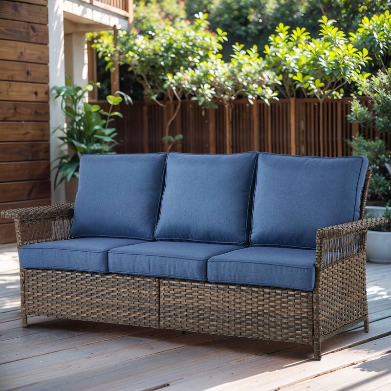 Gymojoy Premium Outdoor 3-Seat Rattan Sofa with Comfortable Cushions - 1-Piece - Blue