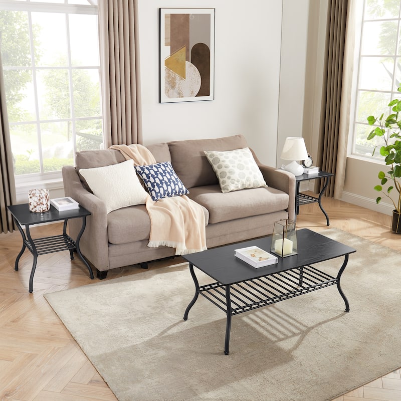 3-Piece Coffee Table Set Rectangle Coffee Table with 2 Square End Side Table Retro Design - Black