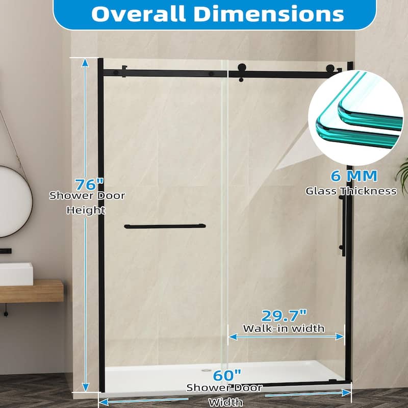 EROMMY Frameless Sliding Shower Door 60"x76", Clear Tempered Glass, Explosion-Resistant, Waterproof