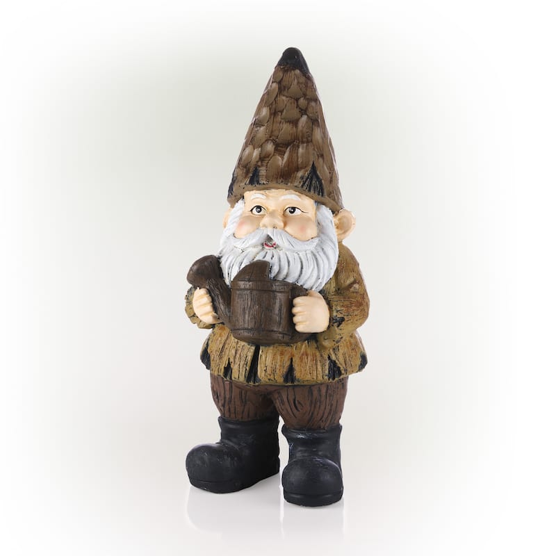 Alpine Corporation 16"H Indoor/Outdoor Garden Gnome with Watering Can Statue, Brown