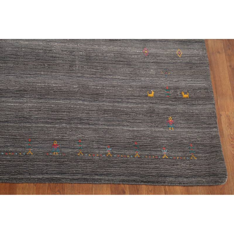 Gray Striped Gabbeh Indian Area Rug Handmade Wool Carpet - 7'10"x 9'7"