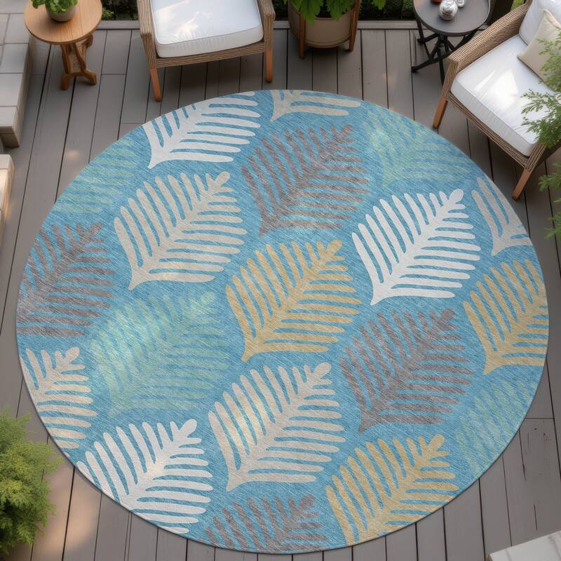 Machine Washable Indoor/ Outdoor Modern Fern Chantille Rug - Teal - 8' x 8'