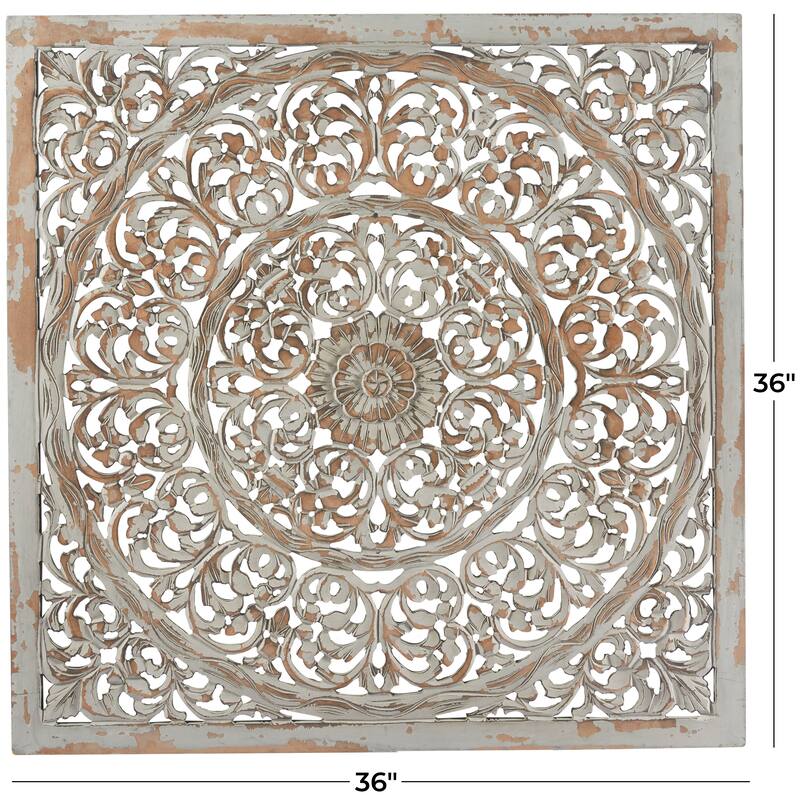 Gray Wooden Handmade Carved Scroll Mandala Floral Home Wall Decor with Brown Distressing
