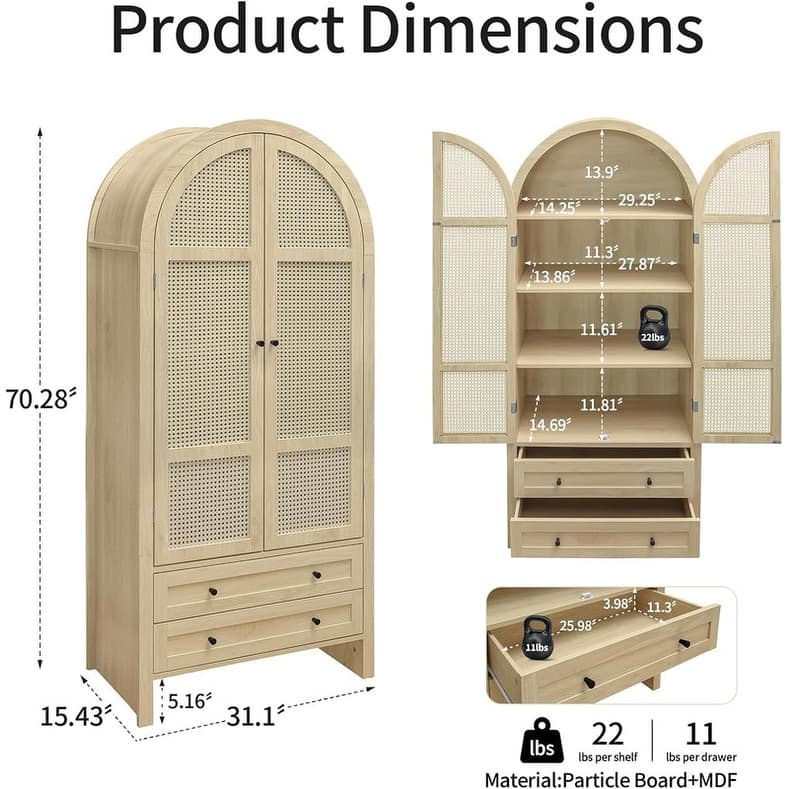 Tall Wooden Rattan Arched Kitchen Pantry Cabinet, with Doors and Adjustable Shelves,Freestanding Cupboard