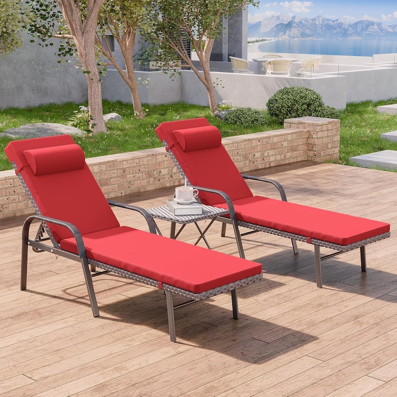 3-Piece Outdoor Wicker Chaise Lounge with Armrests and Cushions
