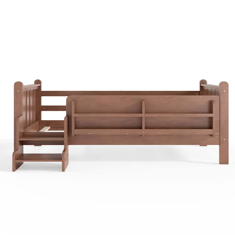 Full/Twin Floor Bed with Storage Bookcases & Cute Stairs - Solid Wood Kids Bed, No Box Spring