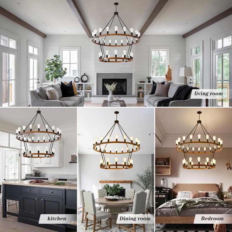 Farmhouse Wagon Wheel Chandelier - Rustic Wood & Metal Adjustable Pendant Light for Dining Rooms, Kitchens & Entryways