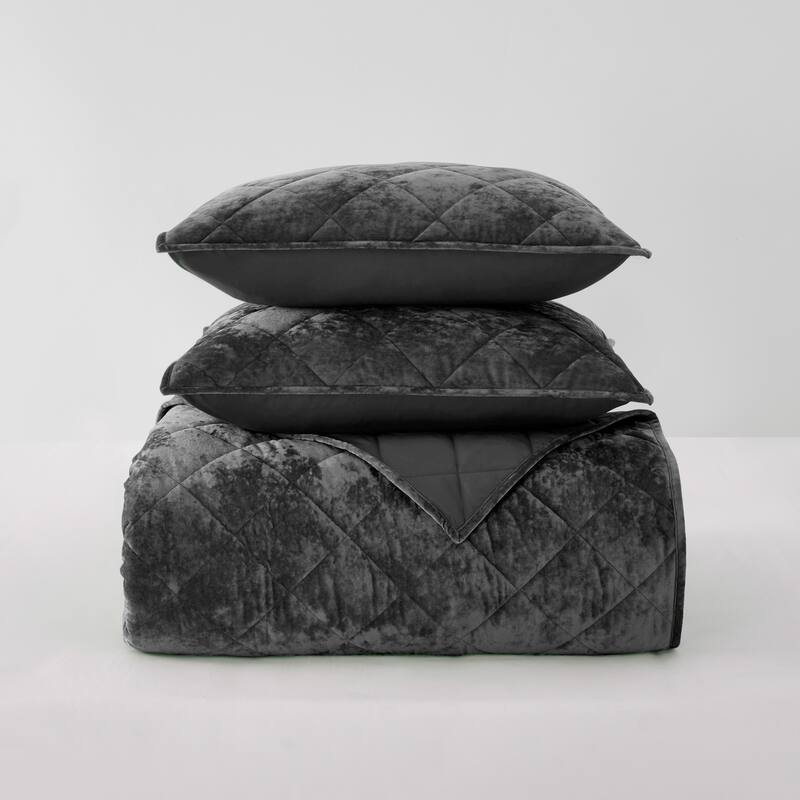 Beaute Living Diamond Velvet 3 Piece Quilt Set - Carbon Gray1 - Full - Queen