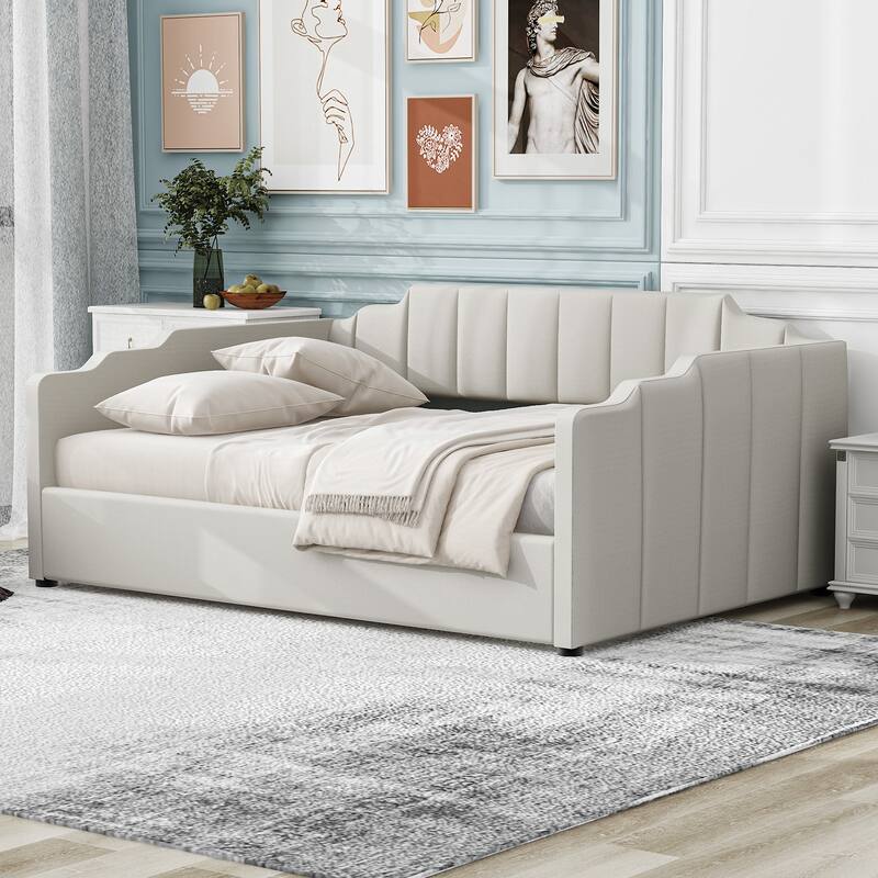 Full Size Upholstered Daybed with Underneath Storage in Beige