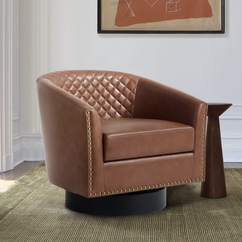 Tufted PU Vegan Leather Swivel Barrel Chair with Nailheads Trim
