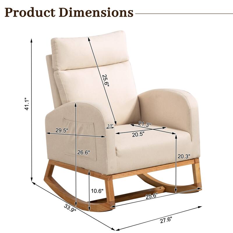Nursery Chair Rocking Chair Glider Chair, Upholstered Accent Chair with Rubber Wood Legs, Comfy High Backrest, Side Pockets