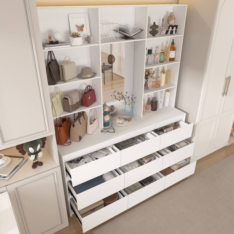 Chest White Storage Cabinet w/Mirror for Bedroom, Dresser Shelving Unit