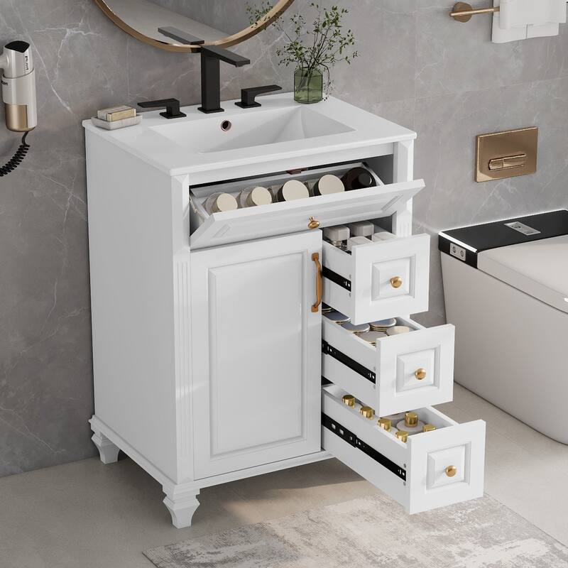 Bathroom Vanity with Ceramic Sink Top, Bathroom Cabinet Base and Ceramic Basin Set - White - 24 Inch