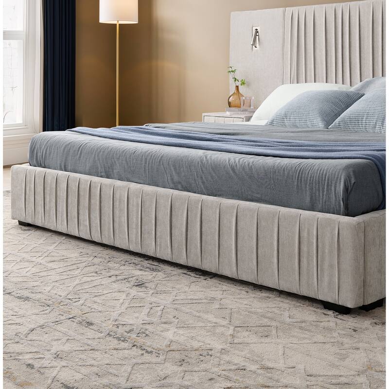 Chenille Upholstered Pleated Platform Bed Frame Wingback Headboard with Side Tables and Adjustable Lamps