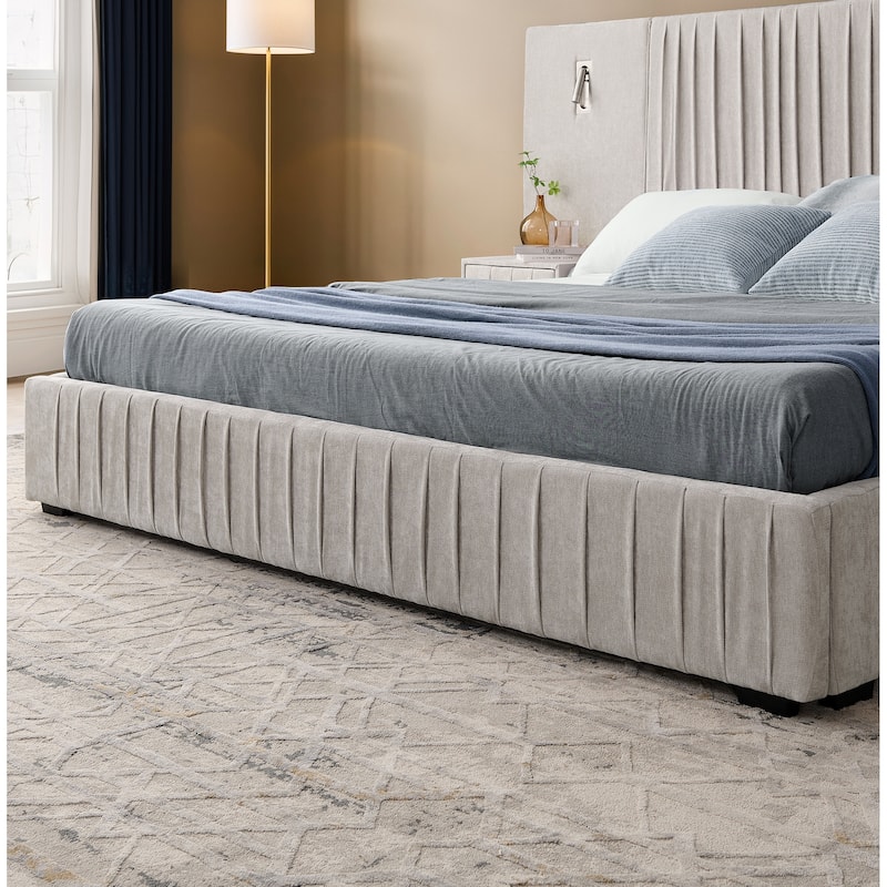 Pleating Upholstered Bed Platform Bed Frame with Enlarged Widened Headboard and Integrated Bedside Table Adjustable Bedside Lamp