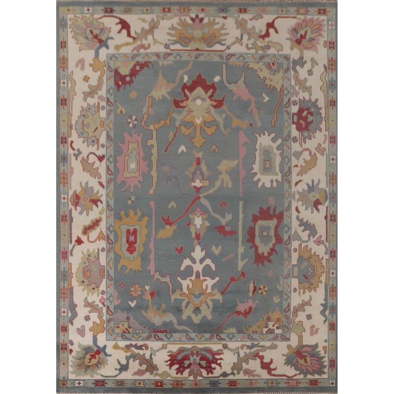Floral Blue Oushak Area Rug Handmade Wool Carpet - 9'3"x 11'10"