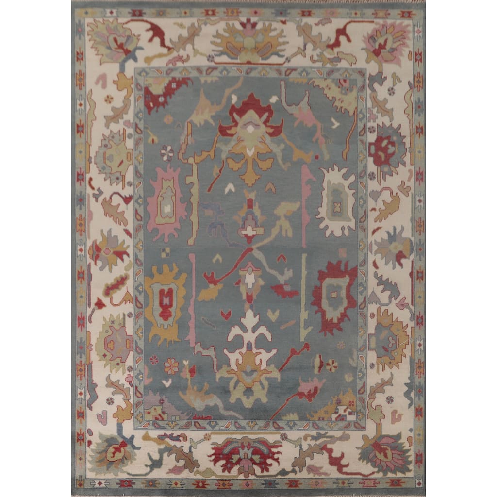 Floral Blue Oushak Area Rug Handmade Wool Carpet - 9'3"x 11'10"