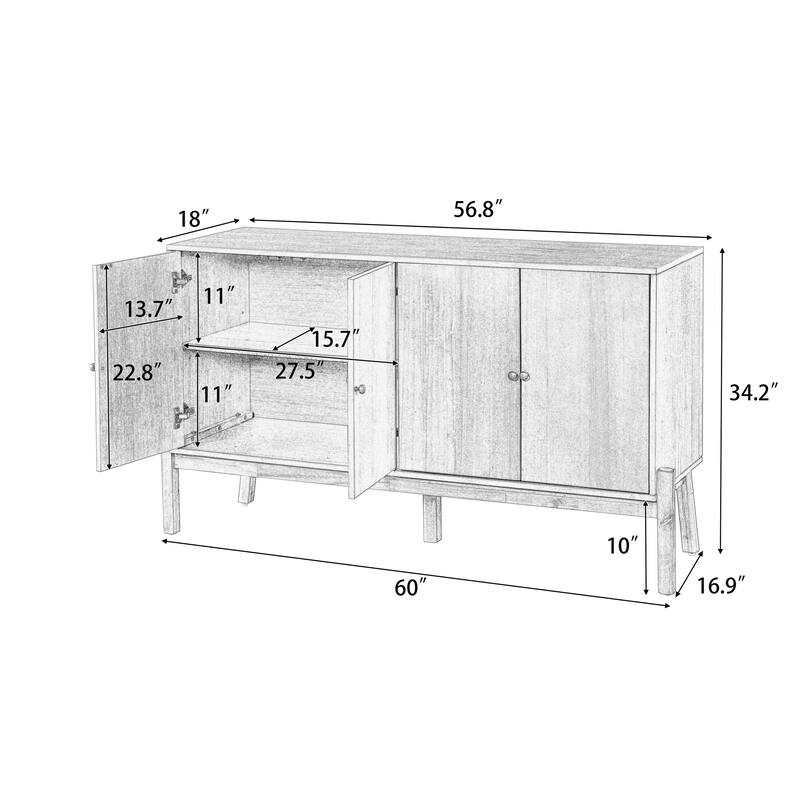 4 Doors Vintage Sideboard Cabinet with Metal Handles - Honey
