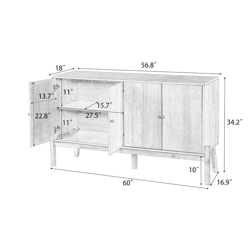 Roomfitters Vintage 4-Door Sideboard Buffet Cabinet with Acacia Veneer, 60 Inch Wide