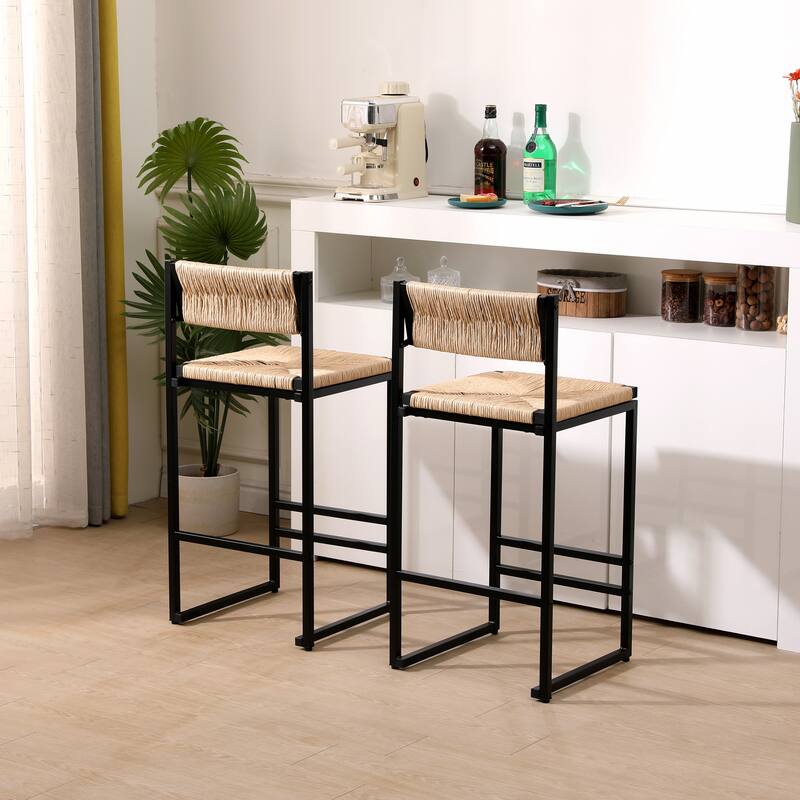 Honey Bar Stools Set of 2 Paper Rope Weave Dining Chairs with Back Hand Weave Stools for Kichen Island, Bar & Counter