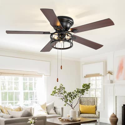 52-inch Flush Mount Matte Black Industrial Ceiling Fan with Remote(5-blade)