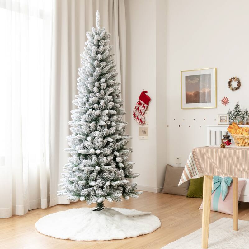 Gymax 4.5/6.5/7.5 FT Artificial Slim Christmas Tree Unlit Snow-Flocked