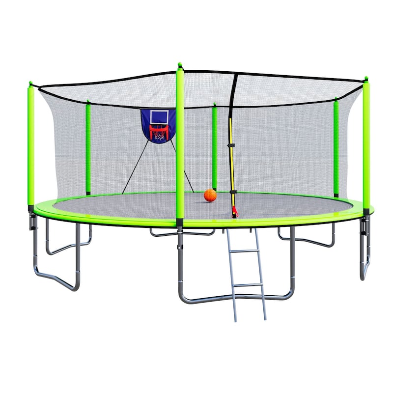 15FT Trampoline with Basketball Hoop Inflator and Ladder, 6pcs safety new pole Sleeves- Green - Kids