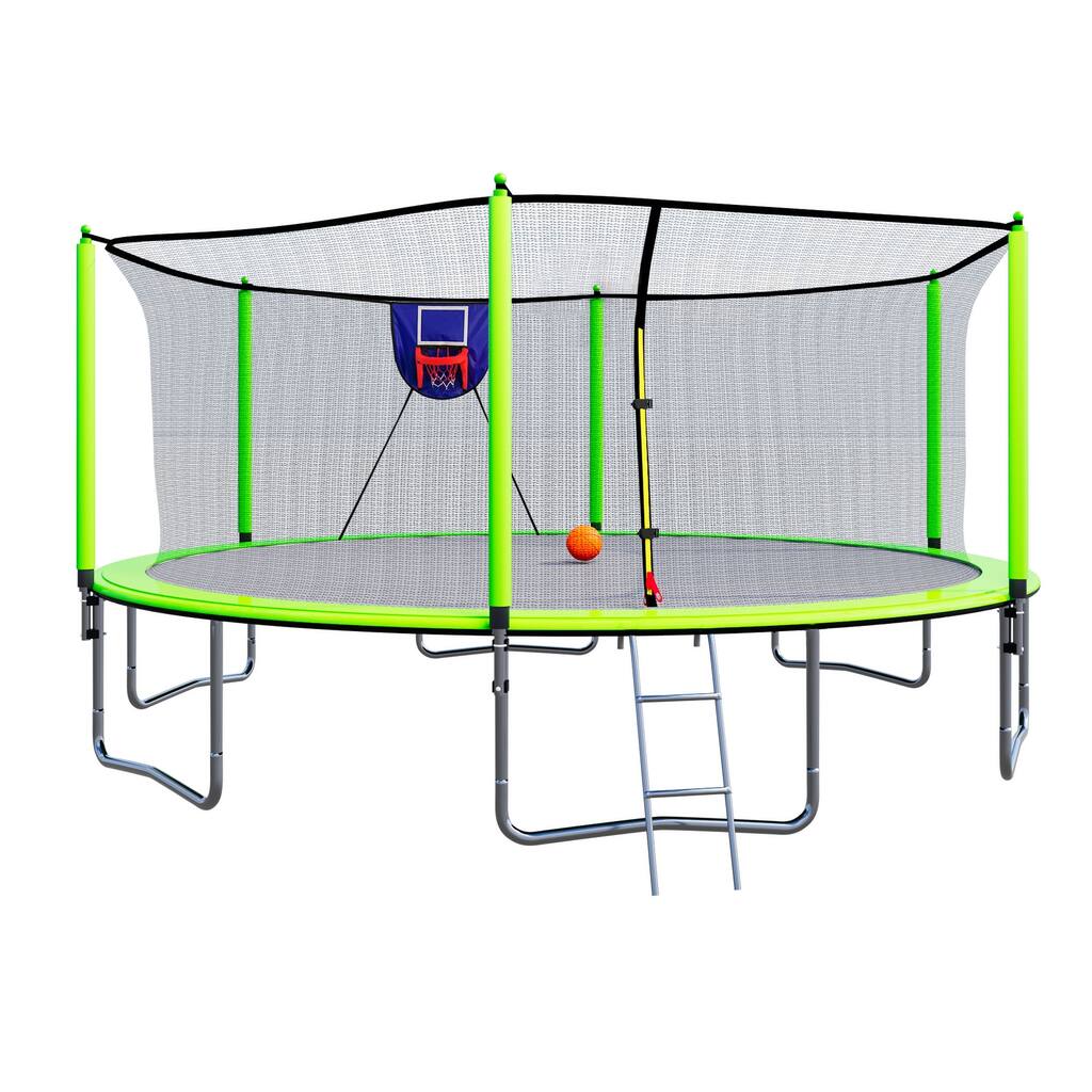 15FT Trampoline with Basketball Hoop Inflator and Ladder, 6pcs safety new pole Sleeves- Green