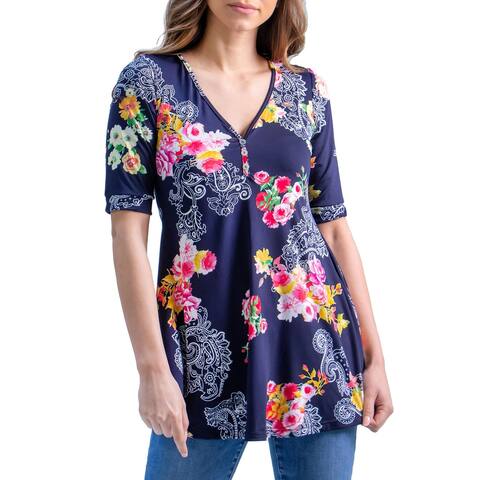 24seven Comfort Apparel Flared Black Floral Print Elbow Sleeve Tunic Top, R004253NPN, Made in USA