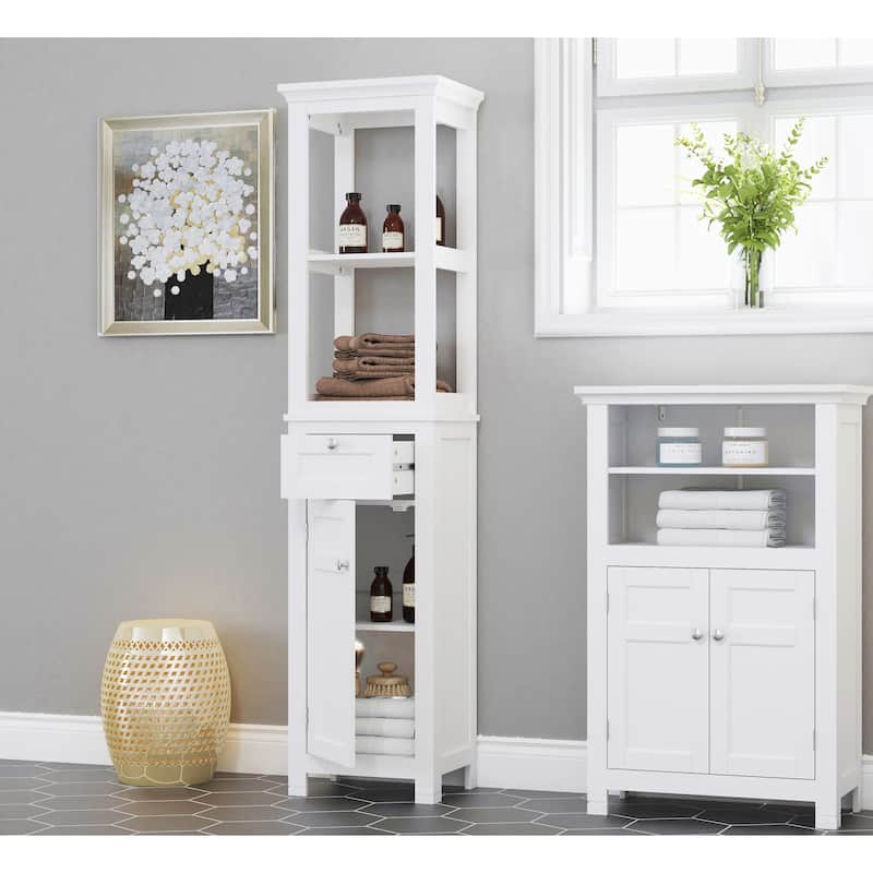 COSTARS Home Bathroom Freestanding Storage Cabinet with Two Tier Open Shelves, Tall Slim Tower with Door and Drawer