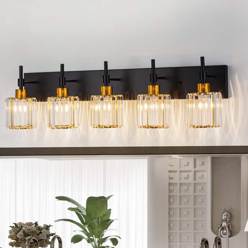 Modern Dimmable Crystal Bathroom Vanity Light Wall Sconces with Crystal Shades - 5 - Light - Black/Gold