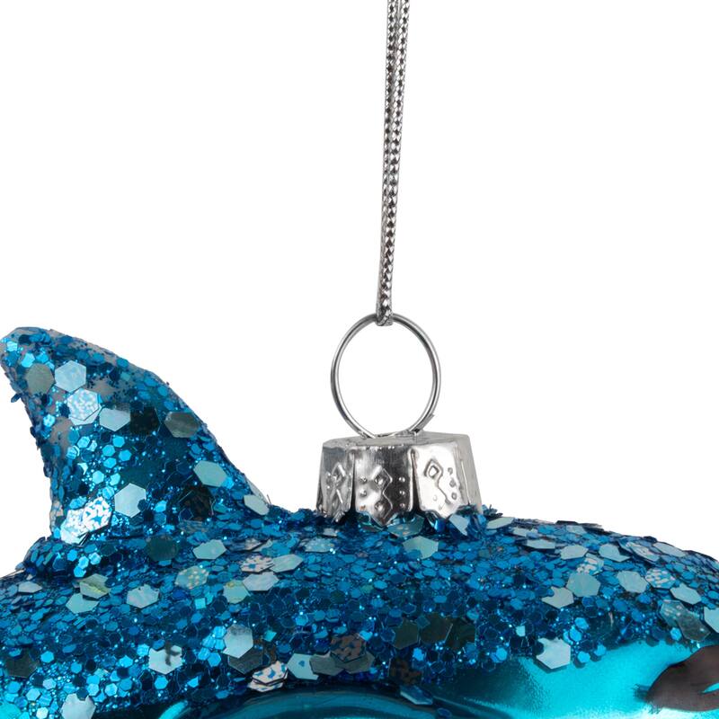 Dolphin Glittered Glass Christmas Hanging Ornament - 4.75" - Sea Blue and White