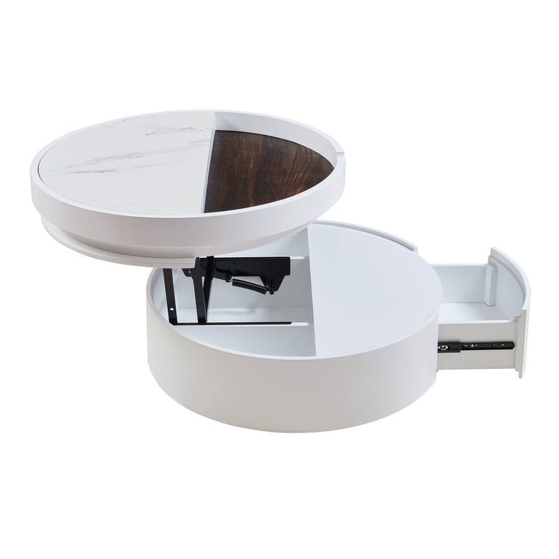 Small Lift-Top Round Coffee Table, Dual-Tone Table with Faux Marble & Wood Grain Top, Compact Center Table with Hidden Storage