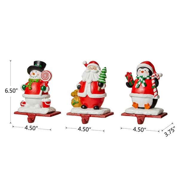 dimension image slide 2 of 3, Glitzhome Resin Santa Snowman Penguin Gnomes with JOY Christmas Stocking Holders Mantel Ornament(Set of 3)