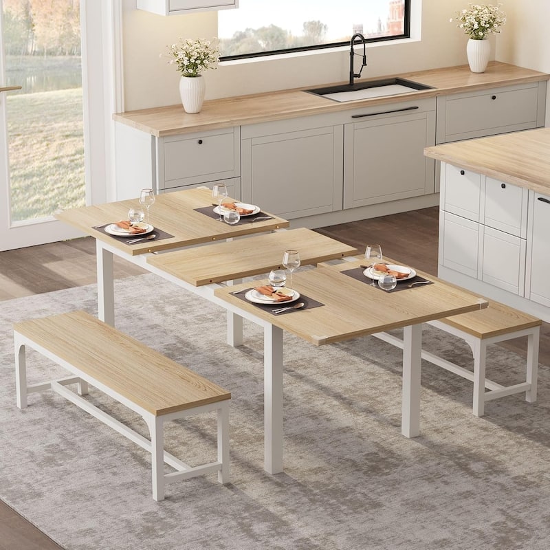 43.7in-63in Extendable Dining Table Set with 2 Benches and 2 Stools - Hard - Beige