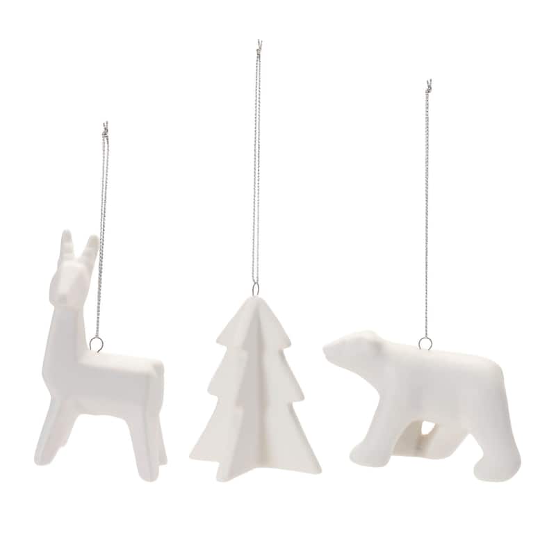Ceramic Deer Bear Tree Ornaments Set of 6 for Christmas Decoration - 2.25” x 1.5” x 3.5”