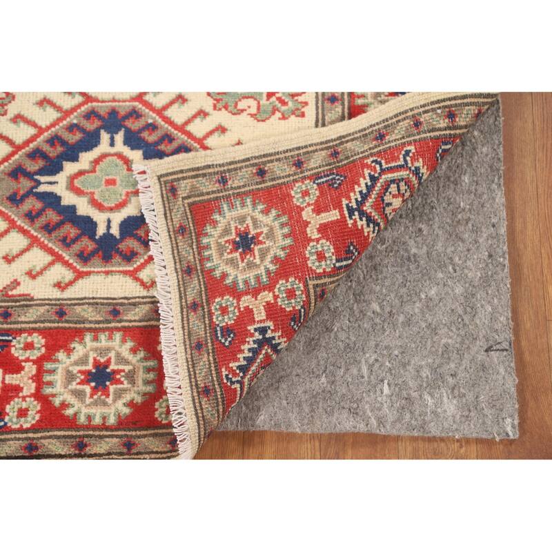 Geometric Kazak Accent Rug Hand-Knotted Beige Wool Carpet - 3'2" x 4'1"