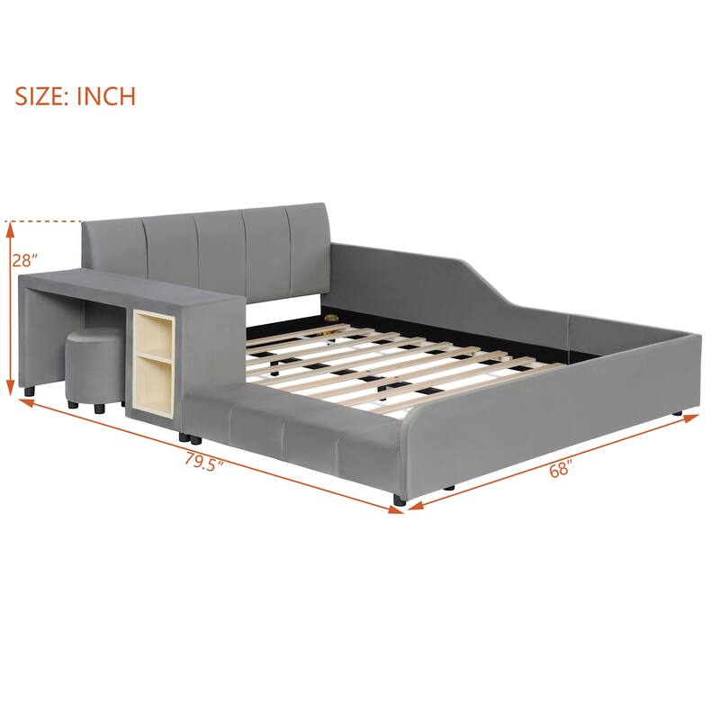 Full Size Upholstered Grounded Bed, Mother & Child Bed with Bedside Desk and Little Round Stool, Velvet