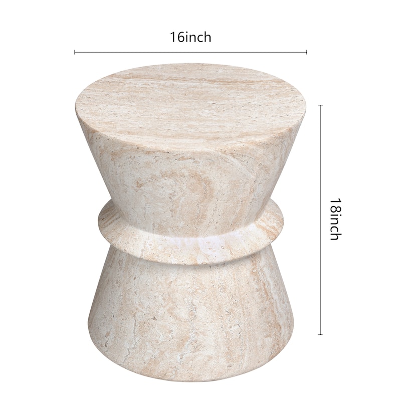 Hourglass Travertine Stone Finish Italian Design MgO Side Accent Table - 15.4"x15.4"x17.8"