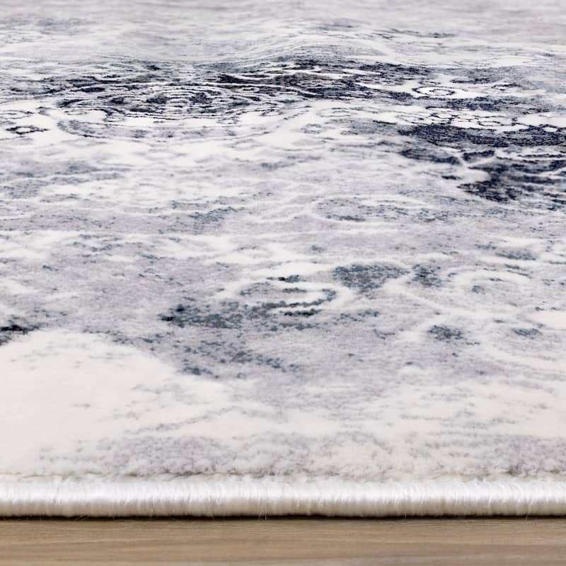 Sheffield Collection - Blue/Grey/Cream Distressed Border Rug