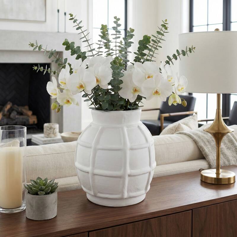 Paper Mache Raised Grid Texture Modern Vase - White, 11"