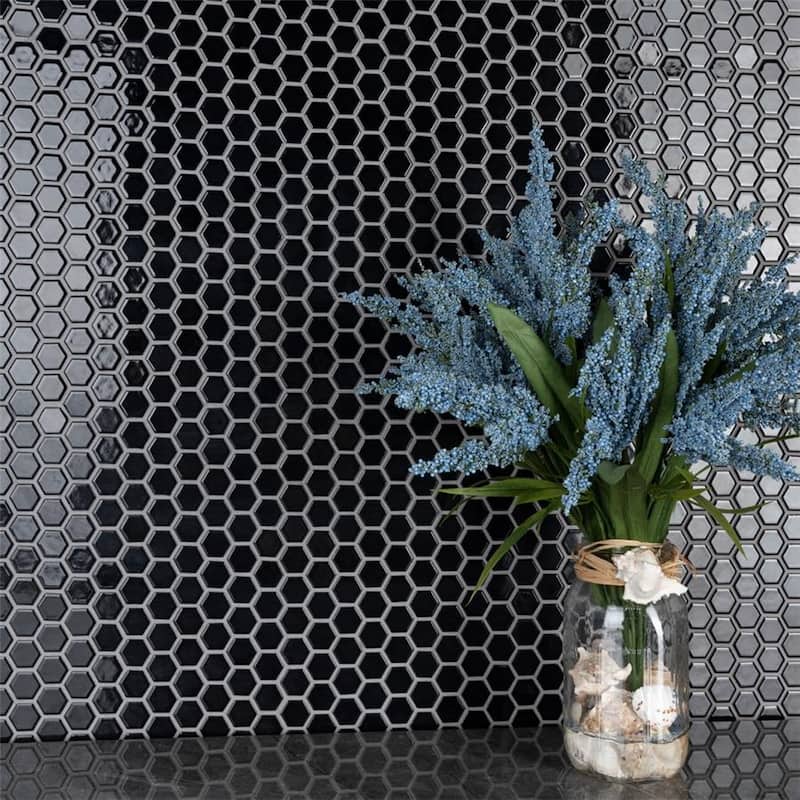 Merola Tile Metro 1" Hex Glossy Black 10-1/4"x11-7/8" Porcelain Mosaic Tile