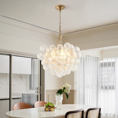 Adjustable Gold Pendant Chandelier with Threaded Clear Glass Globe Shade–Perfect for Living Rooms,Dining Rooms (No Bulbs) .