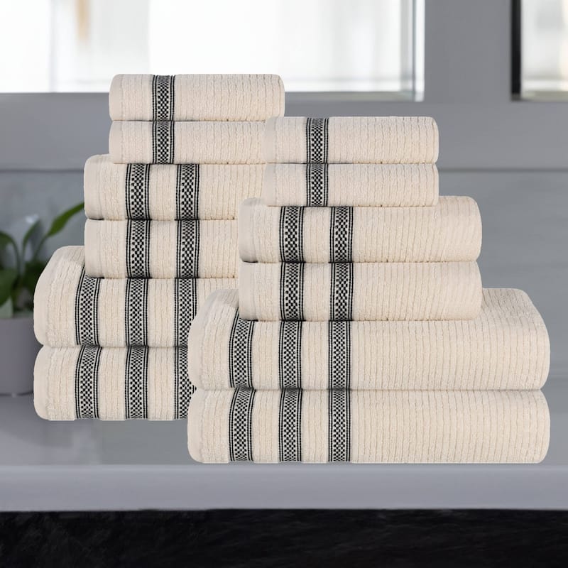 Superior Brea Zero Twist Cotton Ribbed Modern 12 Piece Bathroom Towel Set - Ivory