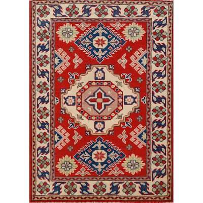 Red Kazak Foyer Rug Handmade Geometric Wool Carpet - 2'11"x 3'11"