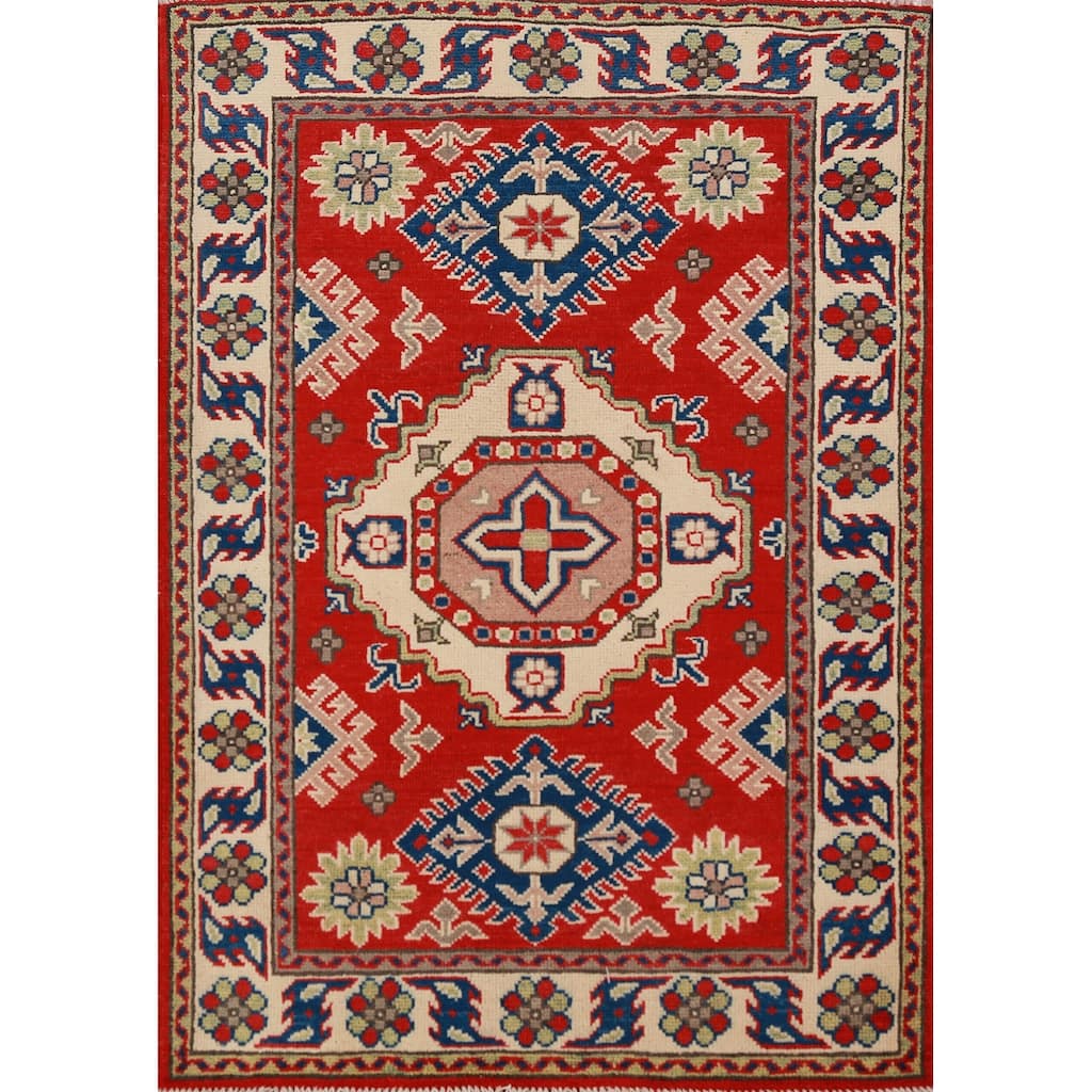 Red Kazak Foyer Rug Handmade Geometric Wool Carpet - 2'11"x 3'11"