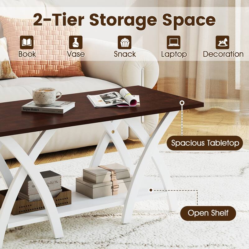 Gymax 2-Tier Coffee Table w/Storage Shelf & X-shaped Legs for Living