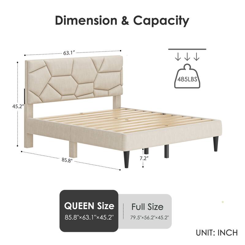 Queen Size Metal Platform Bed Frame with Storage Headboard, No-Noise Design, Strong Slats Support