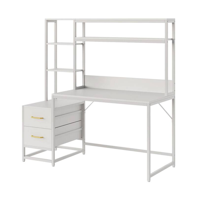 Computer Desk, 2 Drawers, Open Shelf Hutch, White Metal, 60 Inch