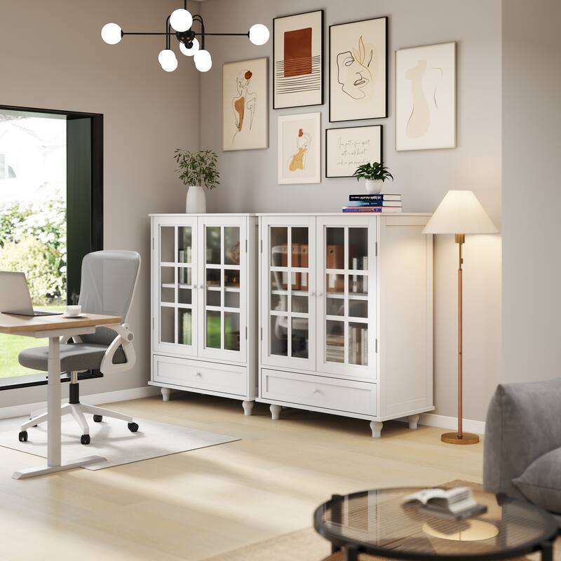Anmytek Modern White Buffet Cabinet with Glass Doors and Drawer Wooden Storage Sideboard for Dining Room